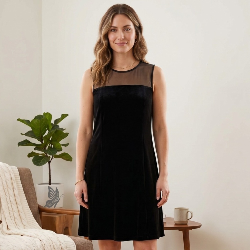 Vintage Jeffrey & Dara Velvet Illusion Dress Womens 14 Black Mesh Satin Trim LBD